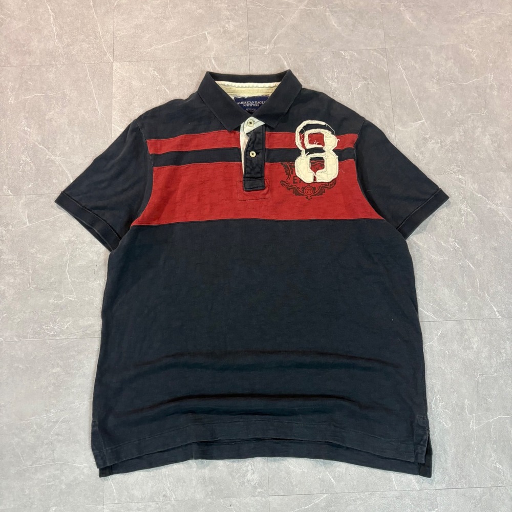 American Eagle Outfitters Mens XXL Navy Red Colorblock Number 8 Polo Shirt
